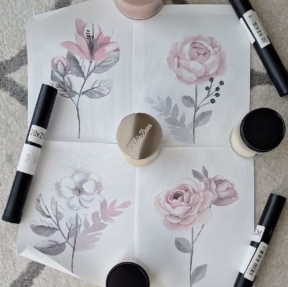 4 Floral Art Prints with Pink and Gray Accents